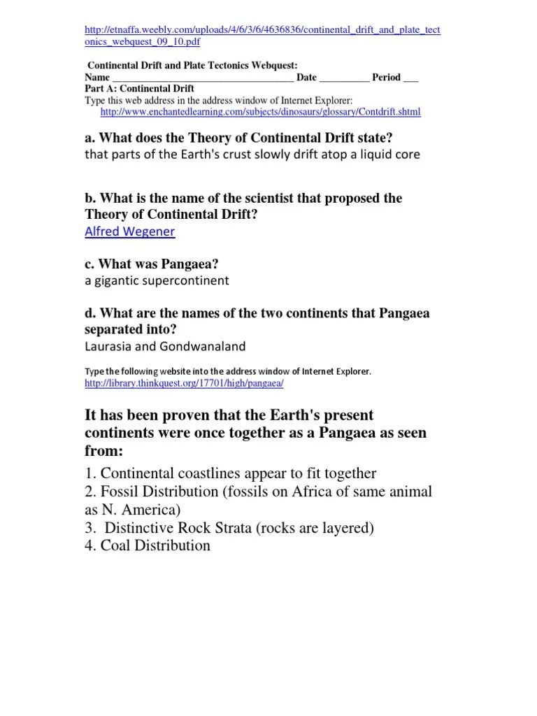 Continental Drift and Plate Tectonics Webquest - Answers | Plate