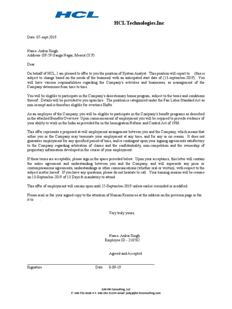 HCL Offer Letter Salaried 1 Human Resources Employment