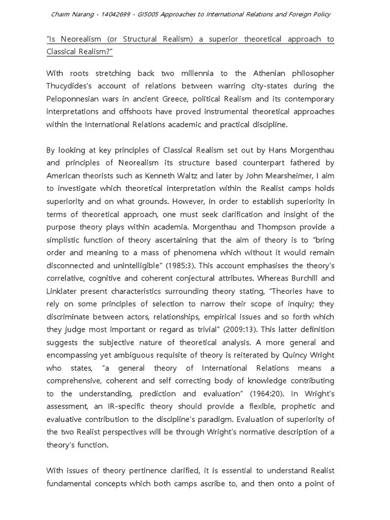 Is Neorealism (Or Structural Realism) A Superior Theoretical Approach