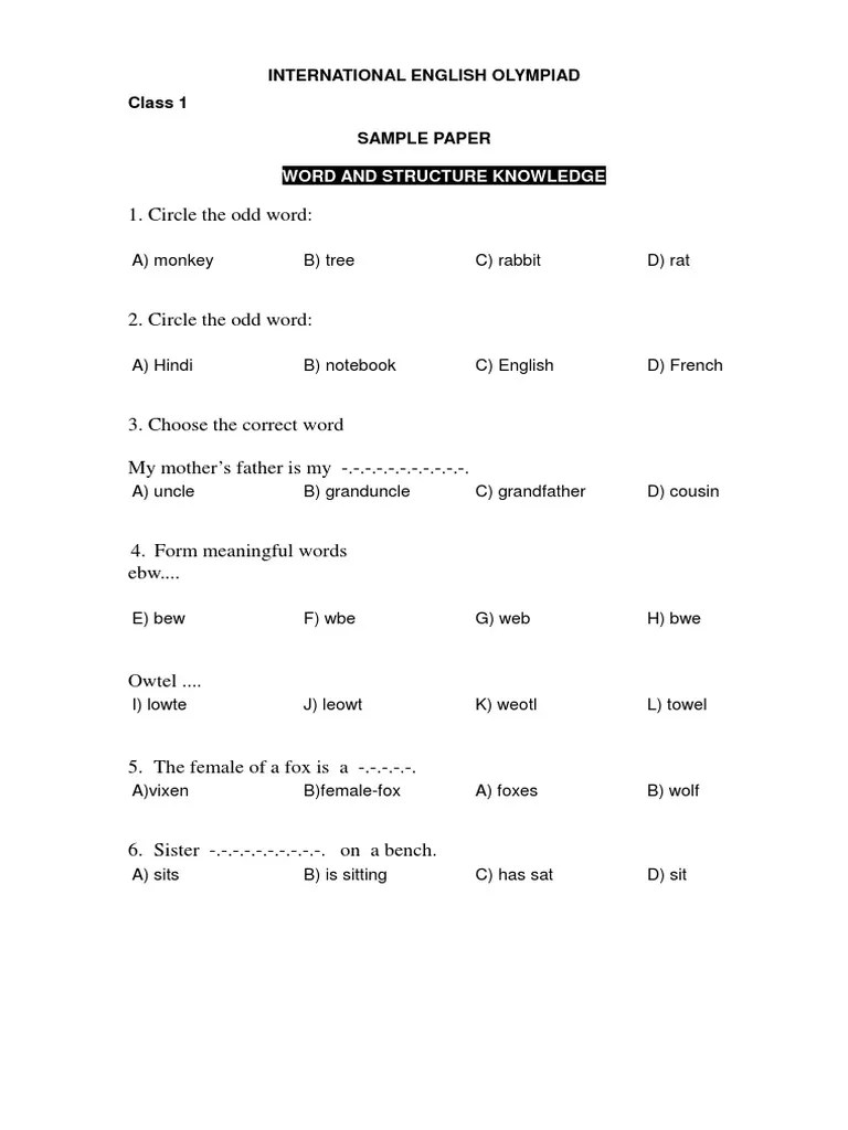 International English Olympiad Class 1 Sample Paper Word and Structure