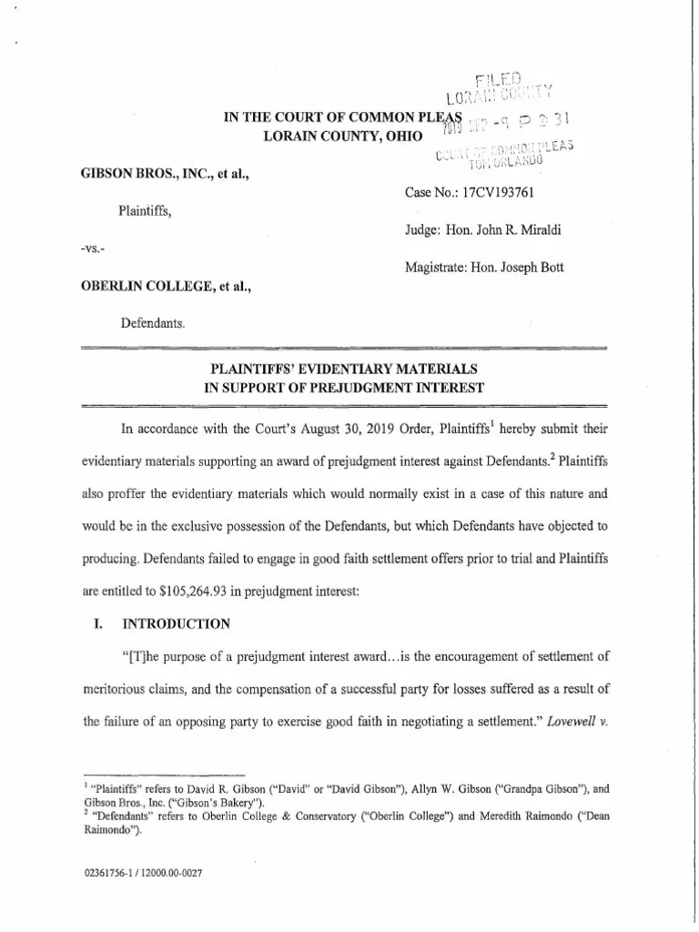 Gibson's Bakery v. Oberlin College Plaintiffs' Evidentiary Materials