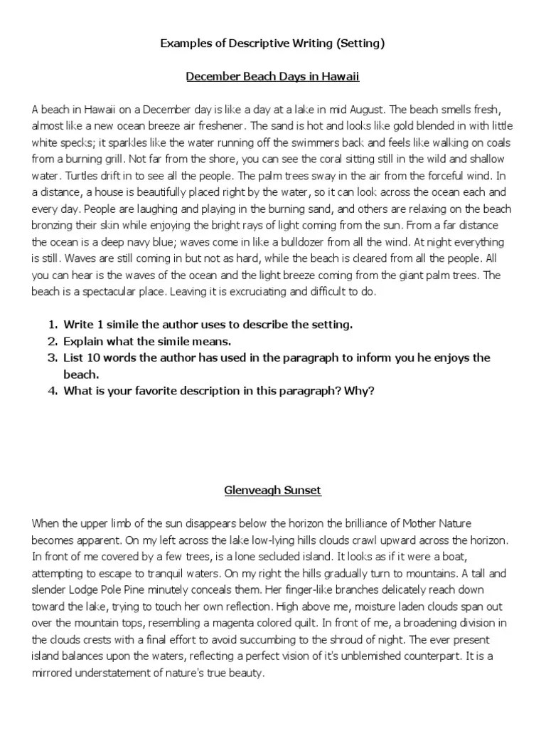 Examples of Descriptive Writing Setting