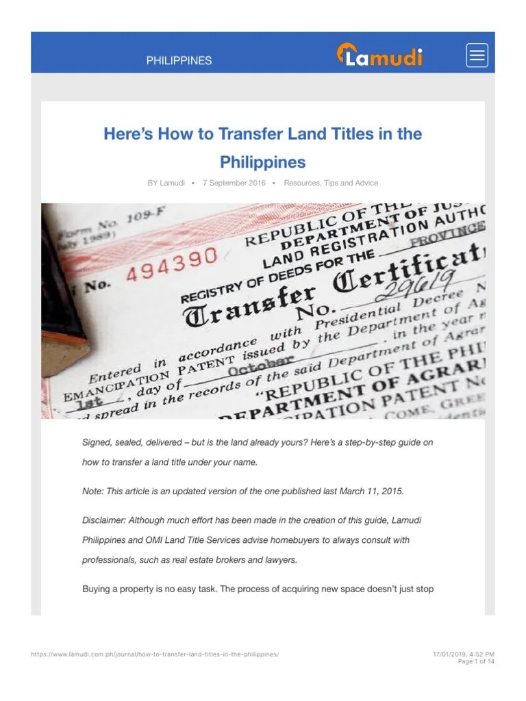 Here's How To Transfer Land Titles in The Philippines Lamudi PDF Real Property Title