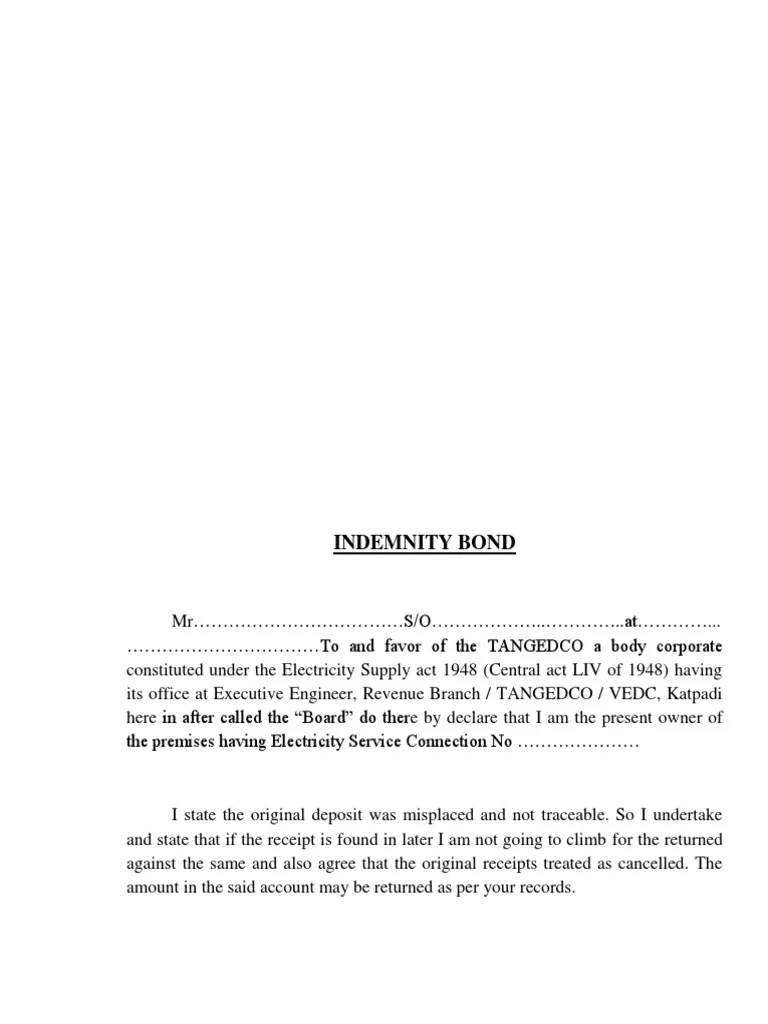 Indemnity Bond Security Deposit Refund