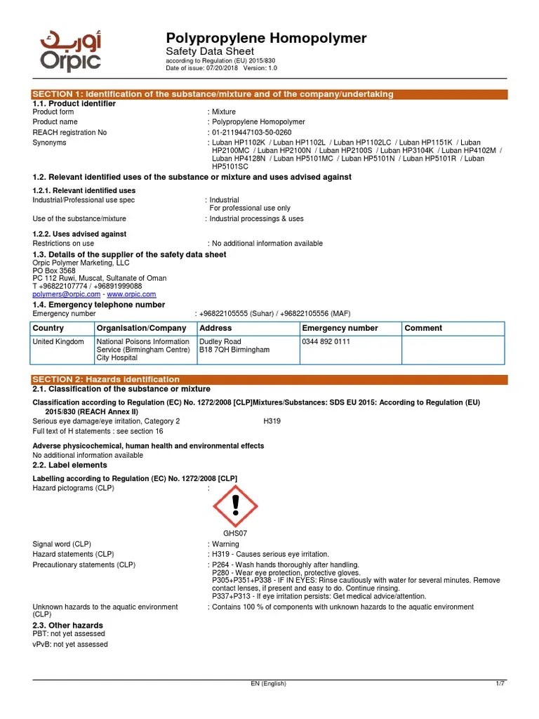 MSDS Polypropylene Homopolymer PDF Dangerous Goods Toxicity