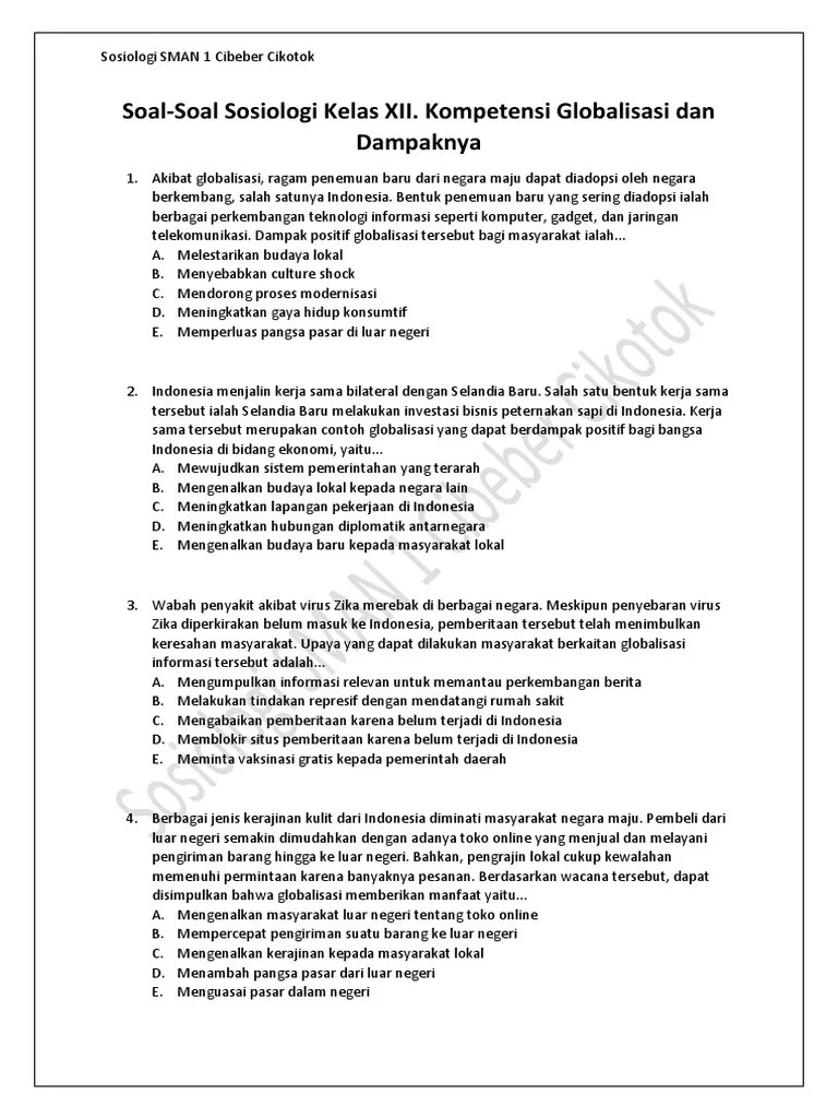 Soal-Soal Sosiologi Kelas XII. Kompetensi Globalisasi Dan Dampaknya | PDF