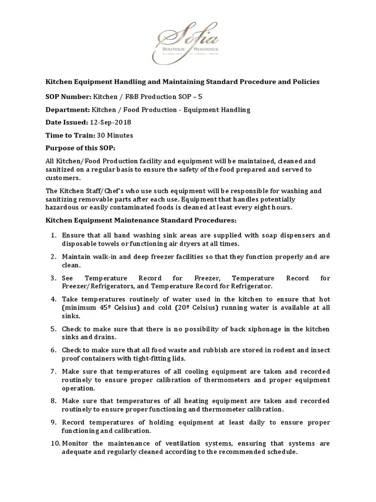 Kitchen Equipment Handling and Maintaining Standard Procedure and