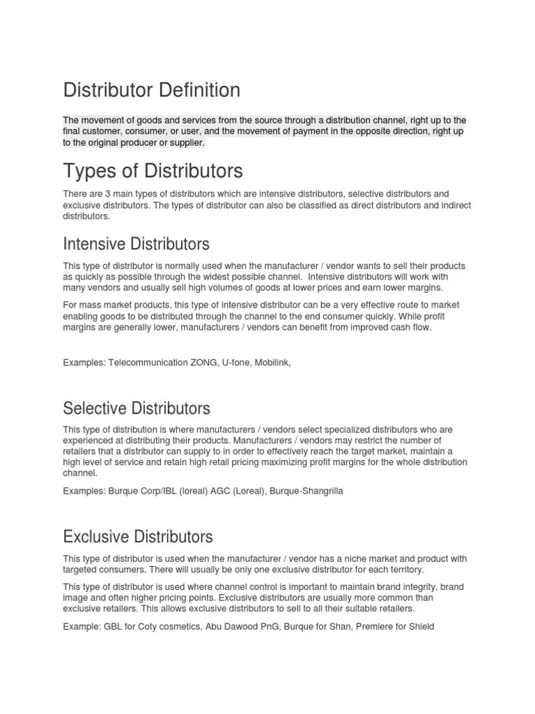 Types of Distributors PDF Retail Business Economics