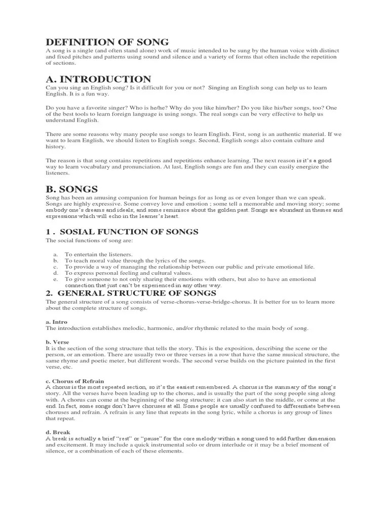 Definition of Song PDF Refrain Song Structure