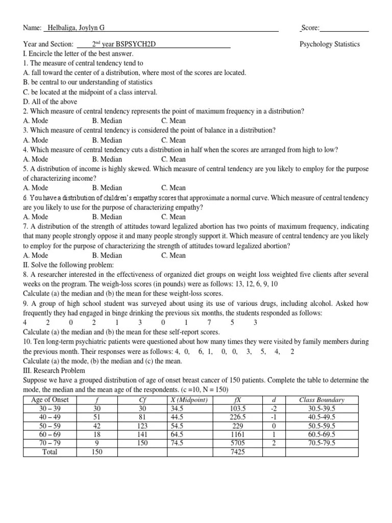 Take Home Quiz 2 PDF Mode (Statistics) Median