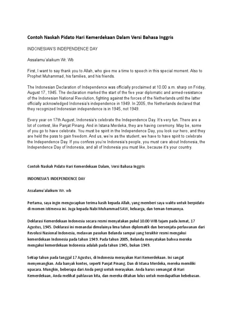 Contoh Naskah Pidato Hari Kemerdekaan Dalam Versi Bahasa Inggris | PDF