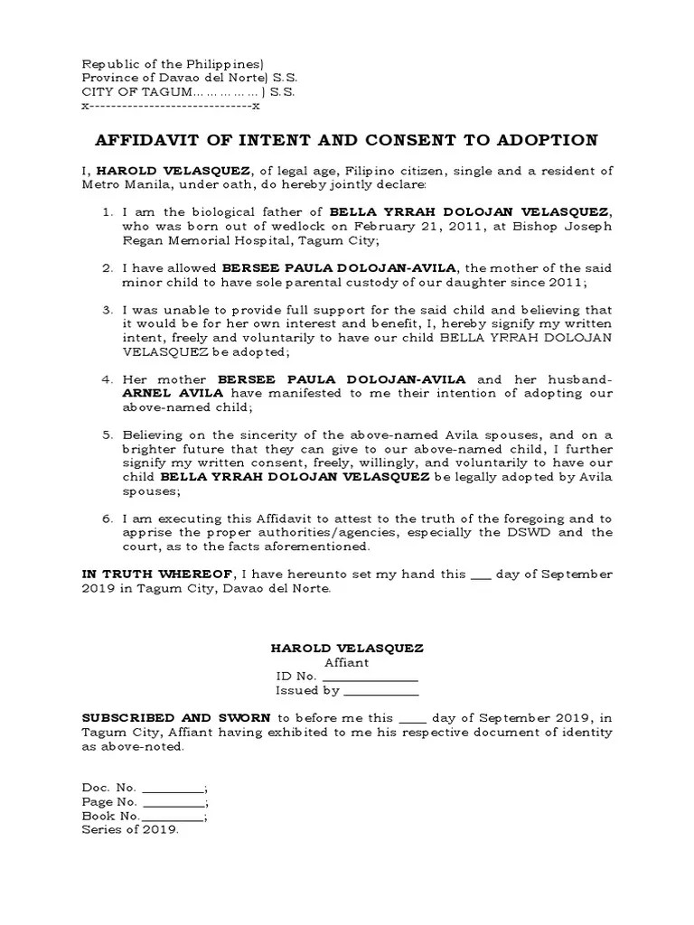 Affidavit of Intent and Consent to Adoption Affidavit