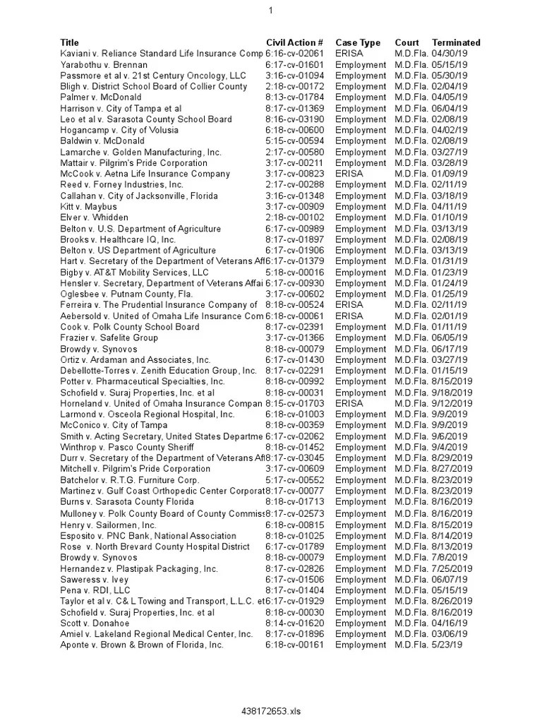 Title Civil Action Case Type Court Terminated PDF Florida