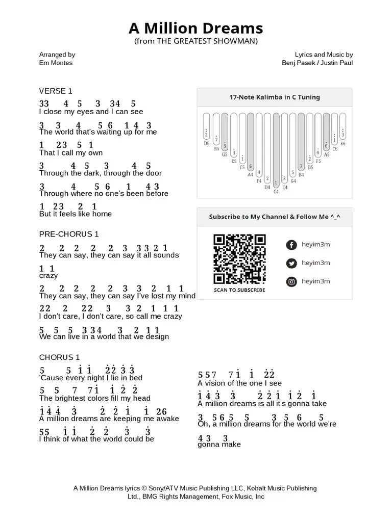 A Million Dreams Kalimba Notes Song Structure Musical Compositions