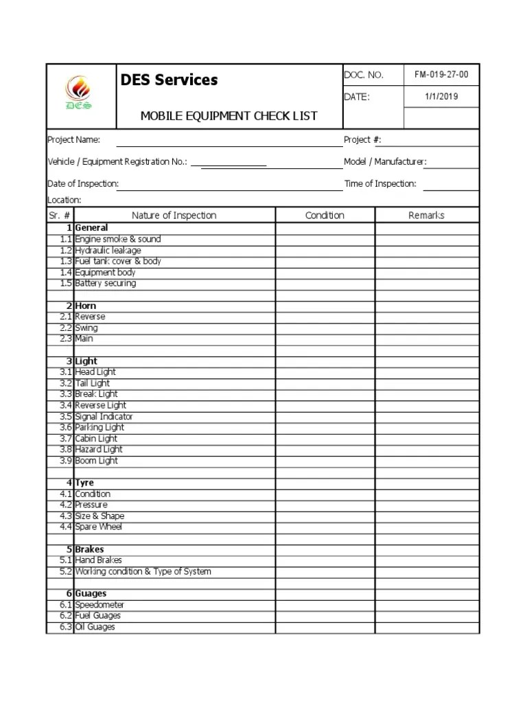 DES Services Mobile Equipment Check List PDF Truck Window