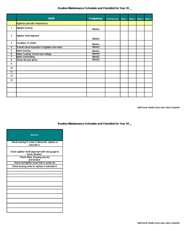 Weekly Maintenance Schedule and Checklist Agitator | PDF