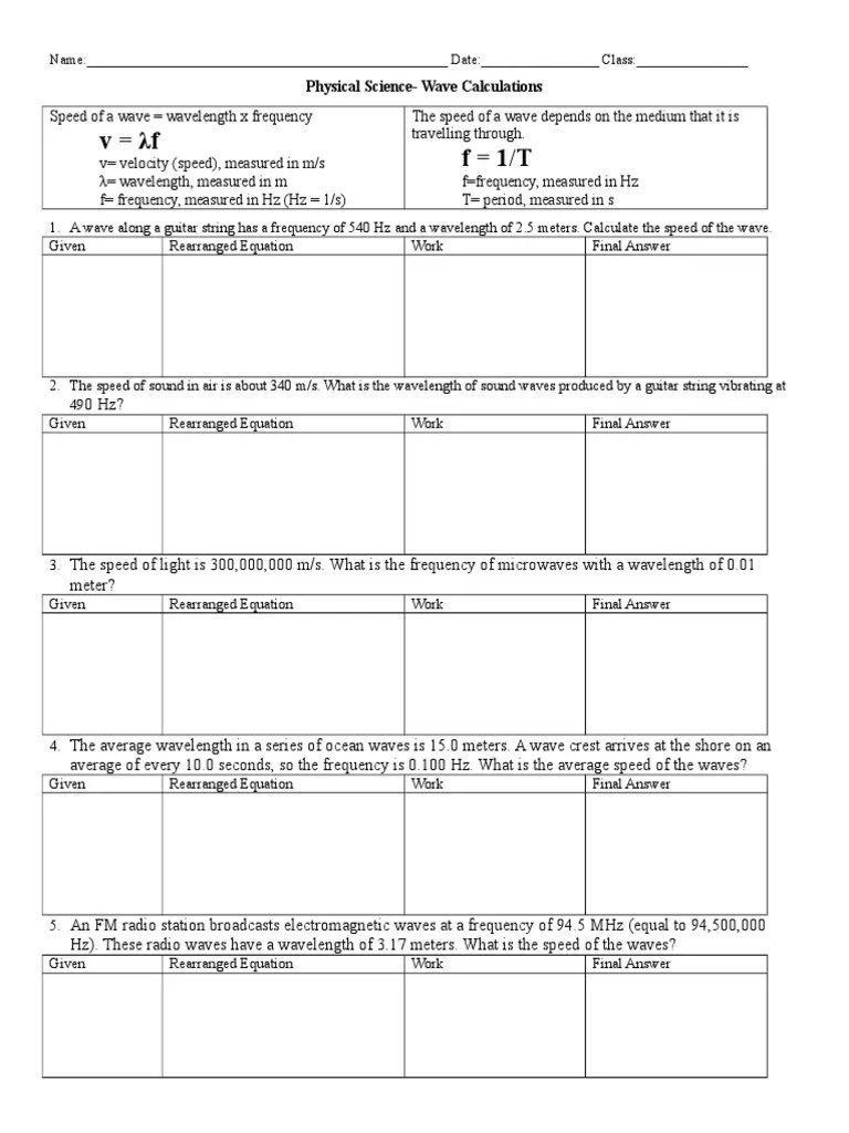 Wave Calculations Worksheet | PDF | Waves | Frequency