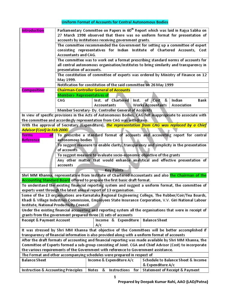Uniform Format of Accounts Summary PDF Depreciation Expense