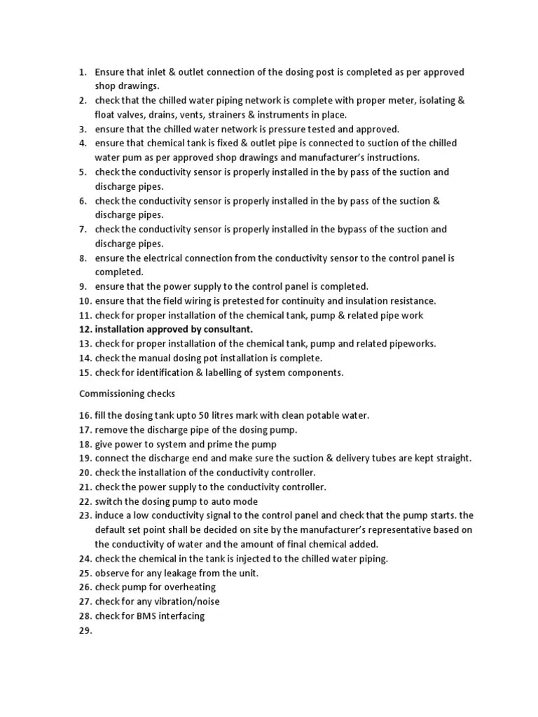 Chilled Water Chemical Dosing System Commissioning Checks PDF