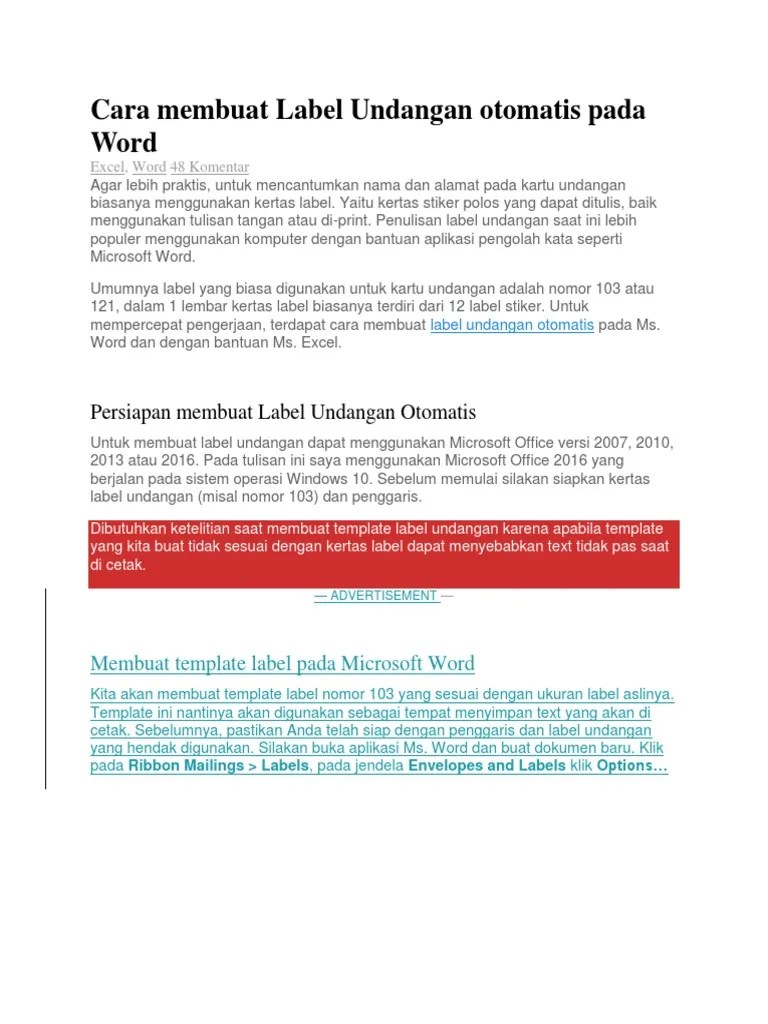 Cara Membuat Label Undangan Otomatis Pada Word | PDF
