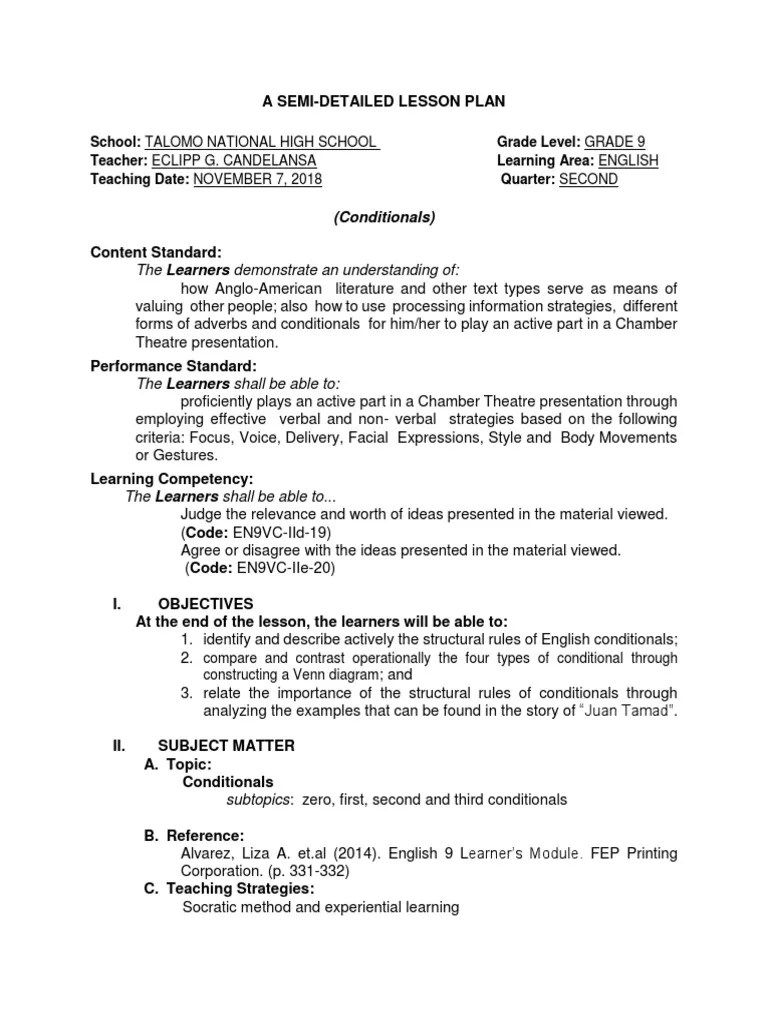 A SemiDetailed Lesson Plan The Learners demonstrate an understanding