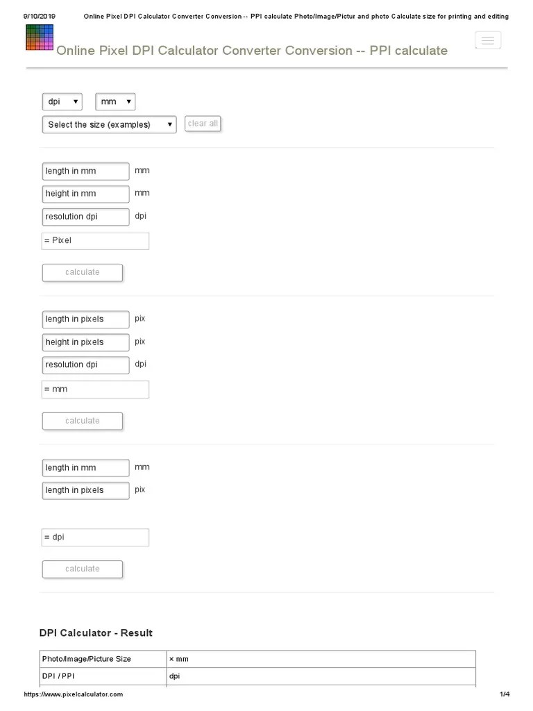 Online Pixel DPI Calculator Converter Conversion PPI Calculate Photo