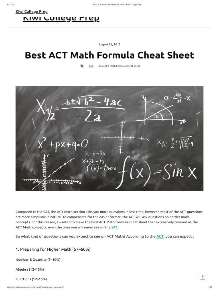 Best ACT Math Formula Cheat Sheet Trigonometric Functions Triangle