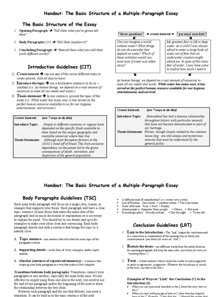 The Basic Structure of a MultipleParagraph Essay Basic Paragraph