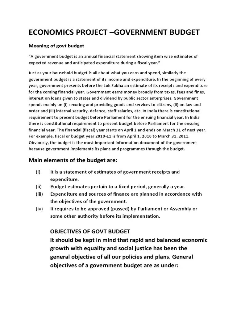 Economics Project Government Budget Meaning of Govt Budget PDF