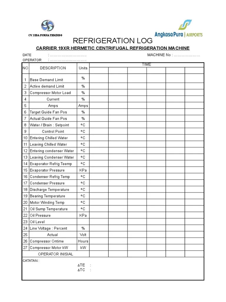 Chiller Plant Log Sheets