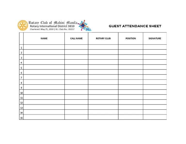 Rotary Club Attendance Sheet PDF