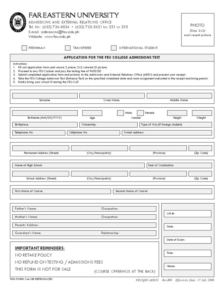 Feu Entrance Examination Application Form Bachelor Of Science The Arts