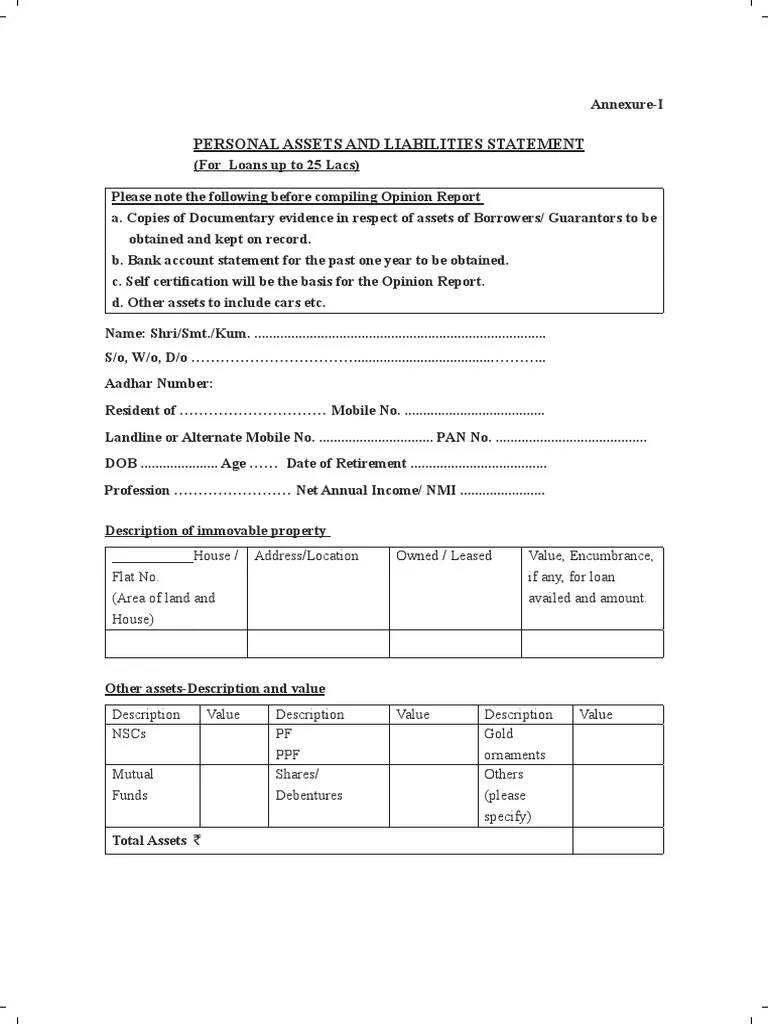 Assets and Liabilities Declaration PDF Loans Money