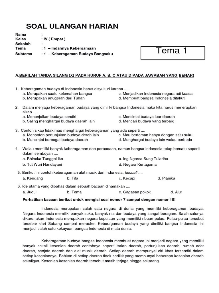 Soal K13 Kelas 4 SD Tema 1 Subtema 1 Keberagaman Budaya Bangsaku Dan Kunci  Jawaban | PDF