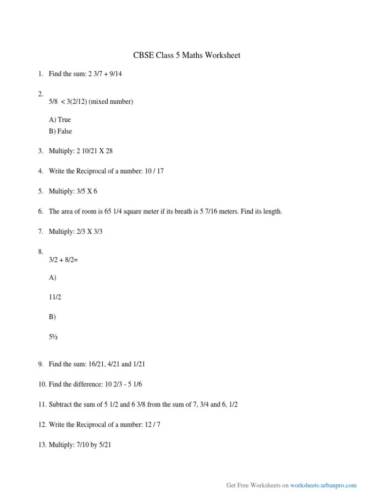 CBSE Class 5 Maths Worksheet PDF