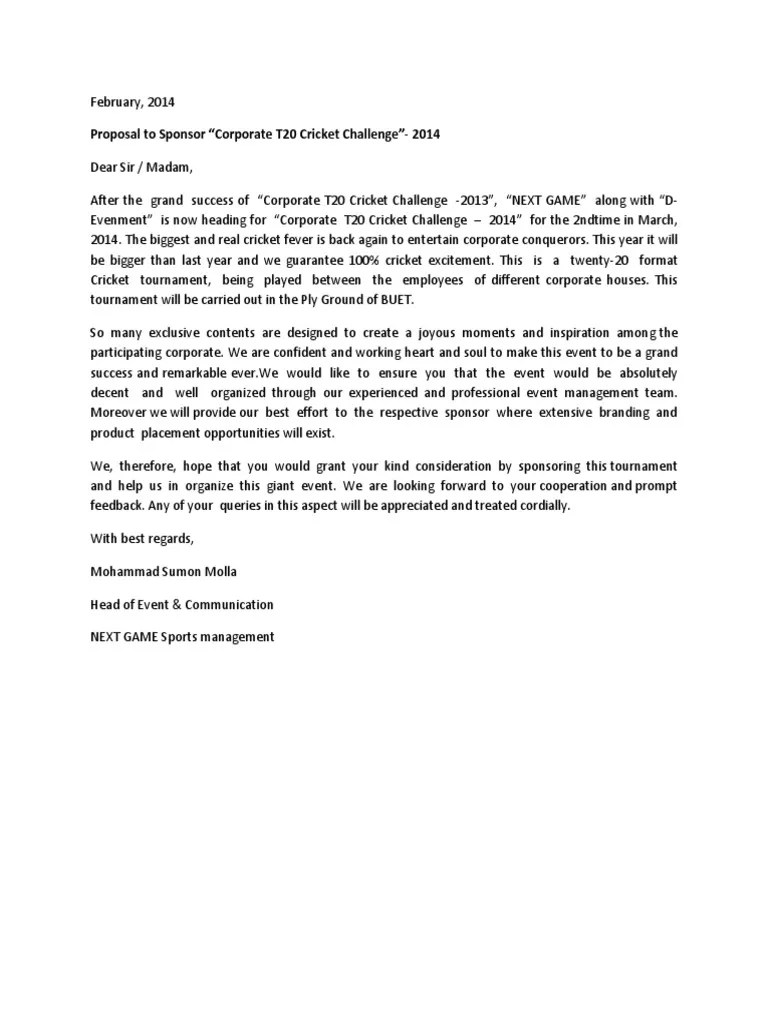 Sponsorship request letter for cricket match Sponsor Marketing