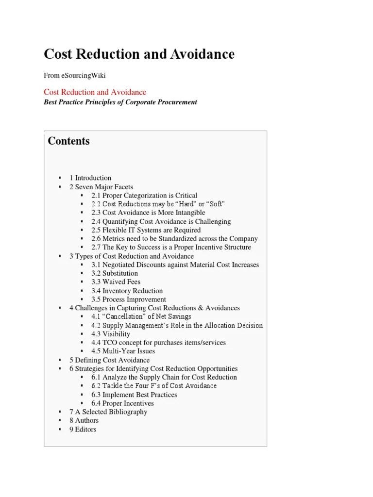 Cost Reduction Vs Cost Avoidance PDF Supply Chain Procurement