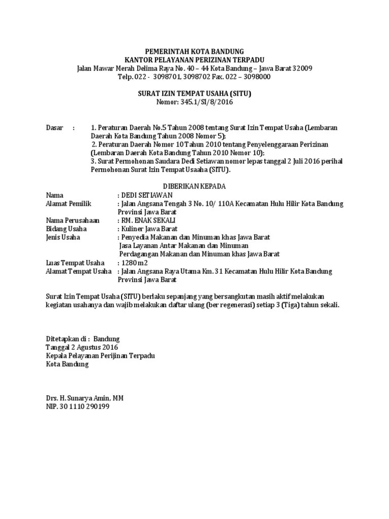 Contoh Surat Izin Tempat Usaha Restoran | PDF