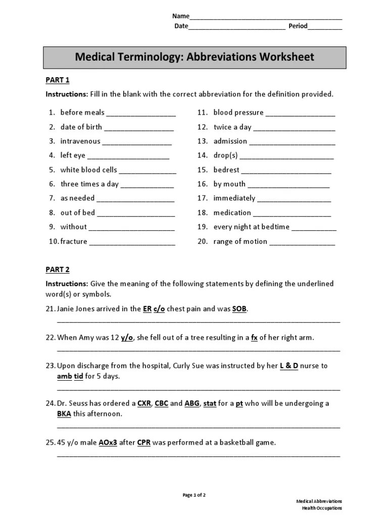 Medical Abbreviations Worksheet PDF PDF Health Care Medical Specialties