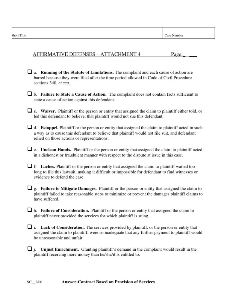 List of Affirmative Defenses to Contract Claims PDF Cause Of Action