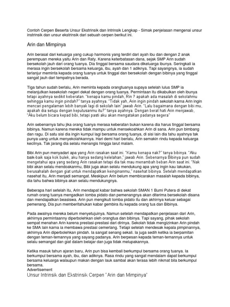 Contoh Cerpen Beserta Unsur Ekstrinsik Dan Intrinsik Lengkap | PDF