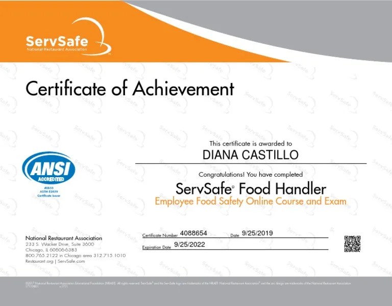 Certificate of Achievement Servsafe Food Handler PDF