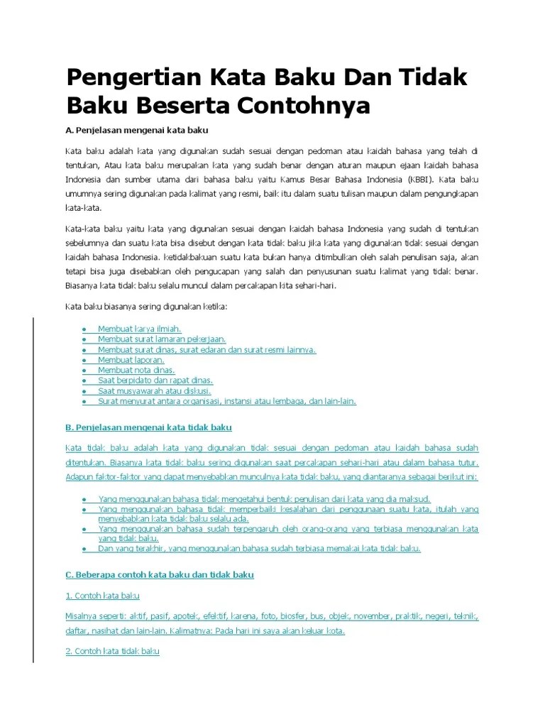 Pengertian Kata Baku Dan Tidak Baku Beserta Contohnya | PDF
