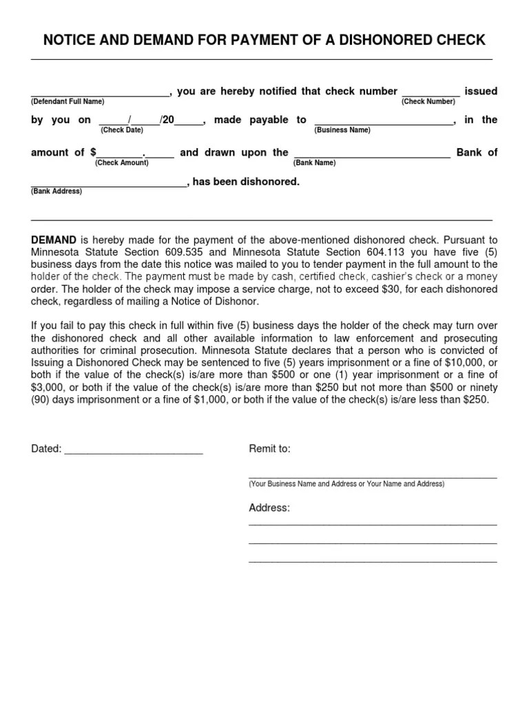 Notice And Demand For Payment Of A Dishonored Check (Defendant Full