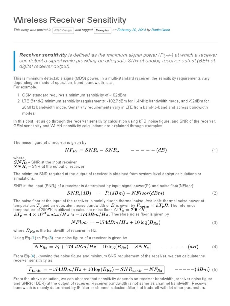 Wireless Receiver Sensitivity PDF Signal To Noise Ratio