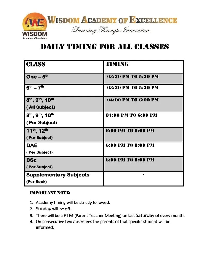 Daily Timing For All Classes PDF