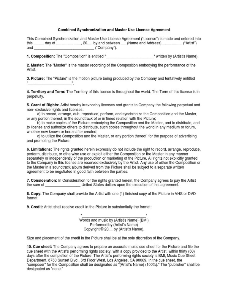 Combined Synchronization and Master Use License Agreement PDF