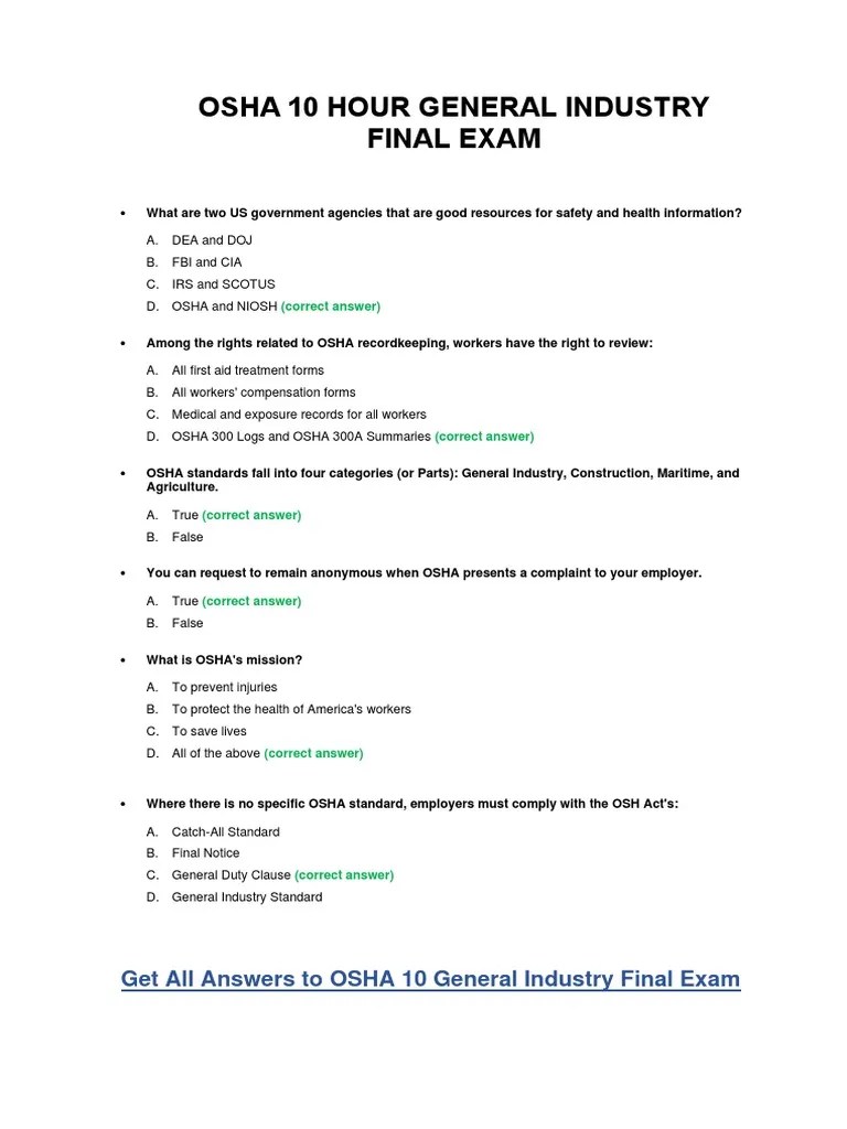 OSHA 10 Construction Final Exam.