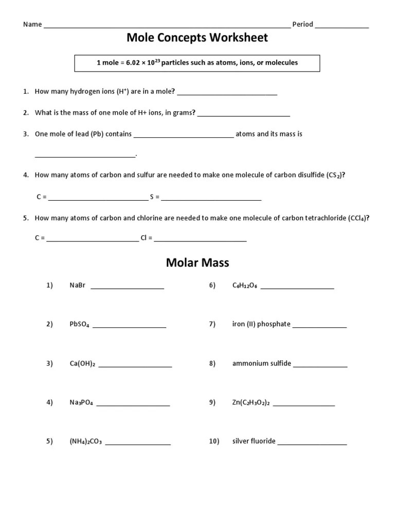 Mole Concepts Worksheet and Molar Mass and KEY | PDF | Mole (Unit