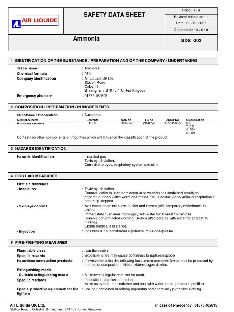 Sds 002 Ammonia Ammonia Toxicity